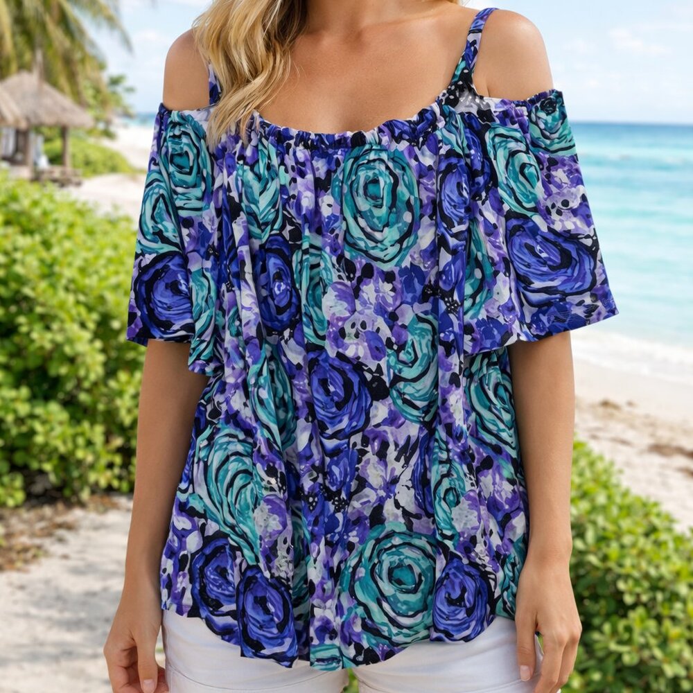 New Directions Women's Purple Cold Shoulder Top Beaded Detail Plus Size 1X